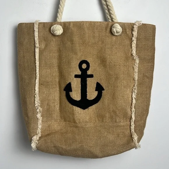 Linen Cotton Beachy Bohemian Anchor Rope Handle Large Beach Bag Market Tote - Picture 2 of 10